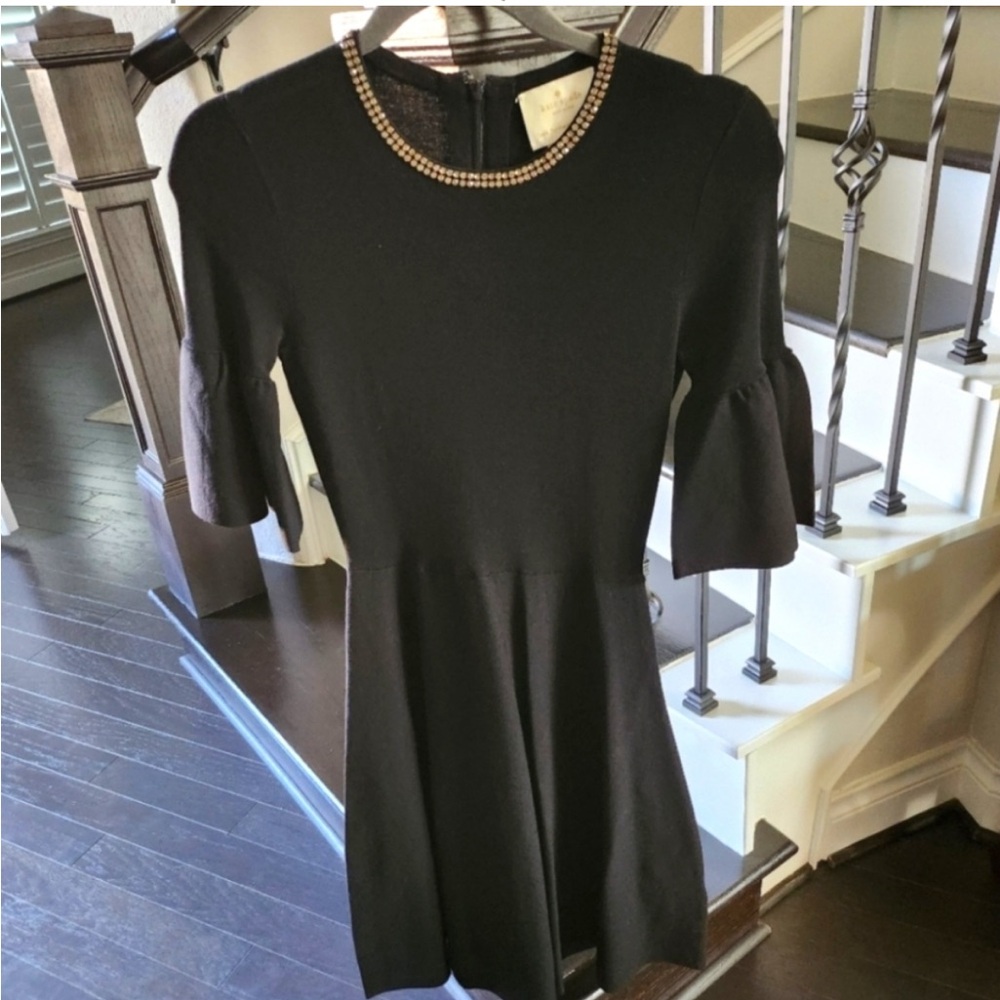 Black Ribbed Body-Con Dress with Bell Sleeves